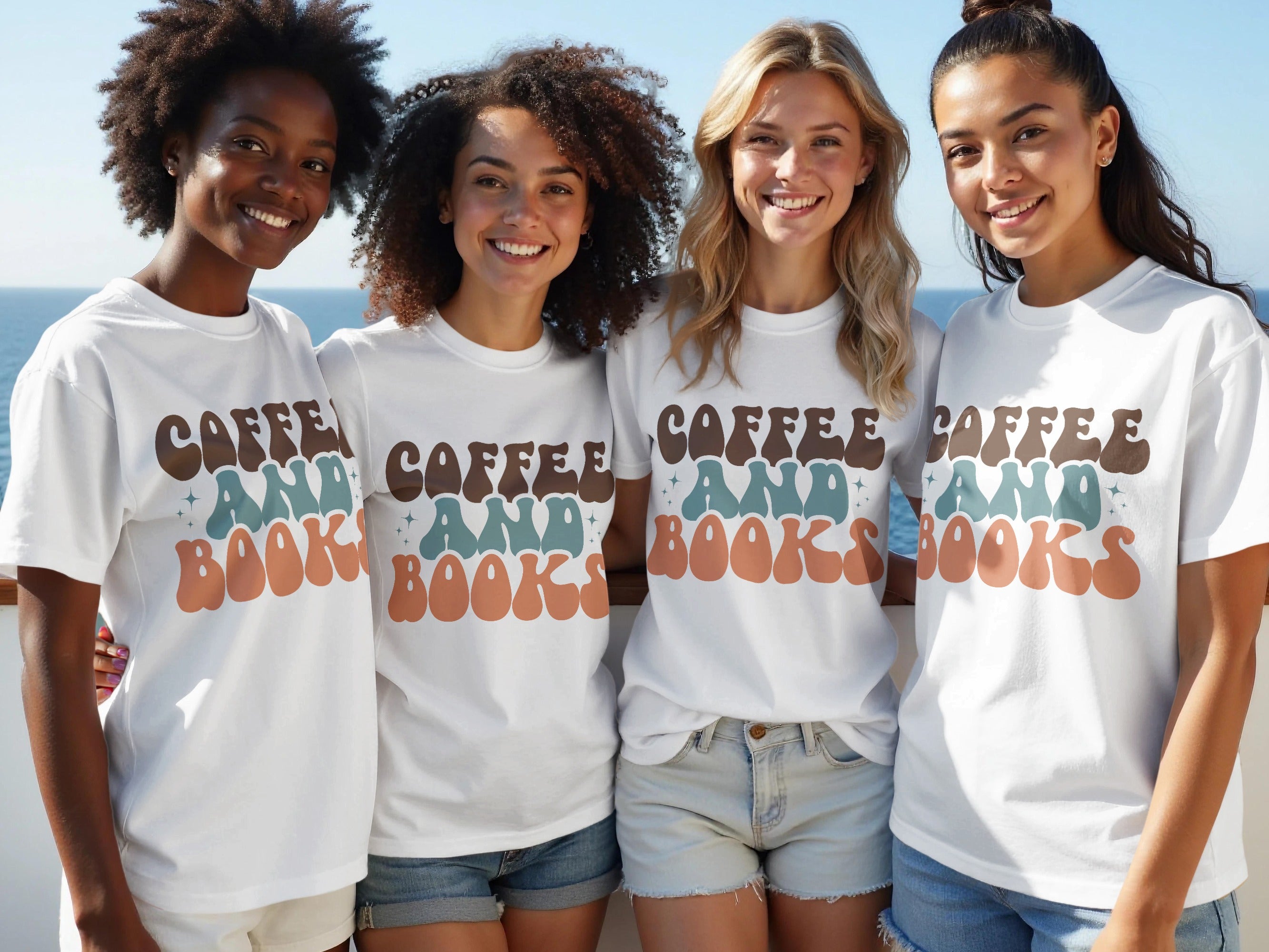 Four smiling women wear white t-shirts with "COFFEE AND BOOKS" text.
