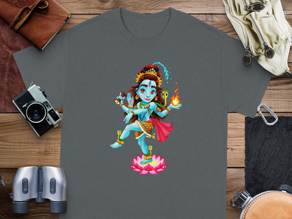 Graphic of a blue Hindu deity with multiple arms, dancing on a lotus flower.