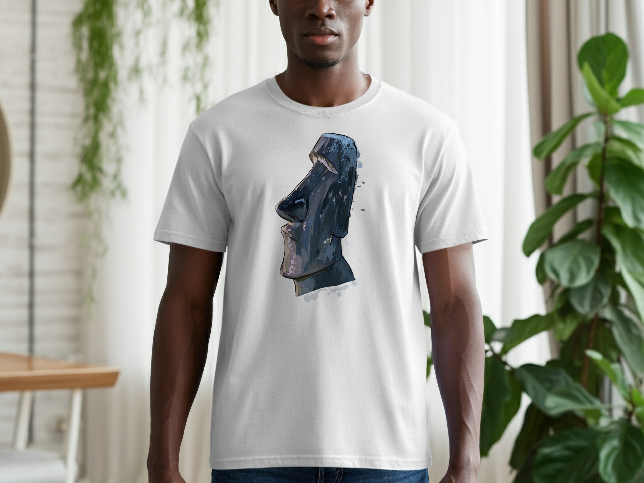 White t-shirt with a dark, stylized Moai statue illustration.