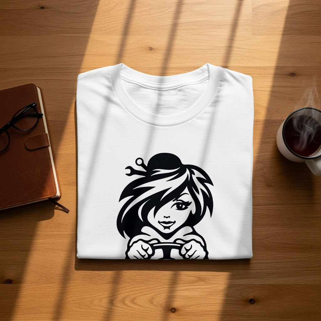 White t-shirt with black graphic of a woman holding a game controller.