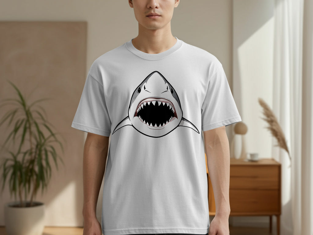 White t-shirt with a graphic of a great white shark with open jaws.
