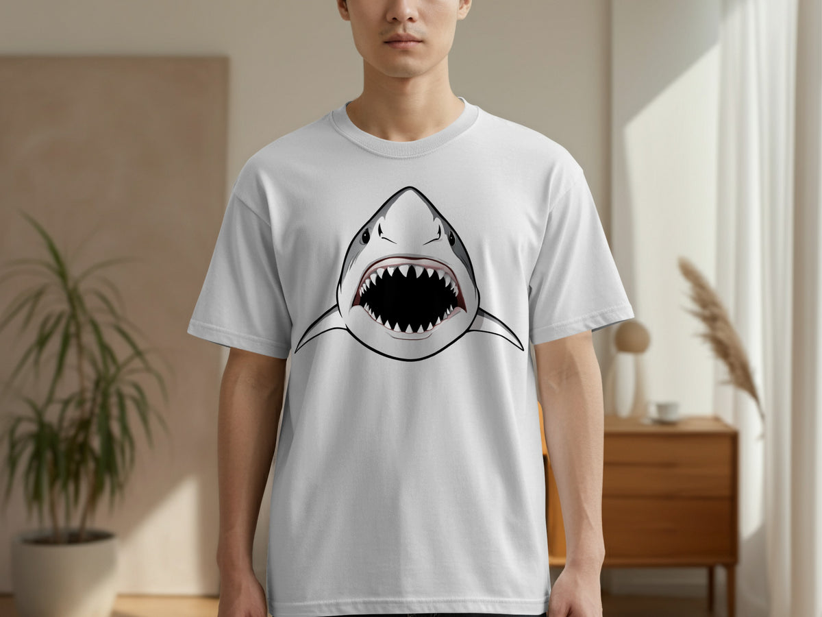 White t-shirt with a graphic of a great white shark with open jaws.