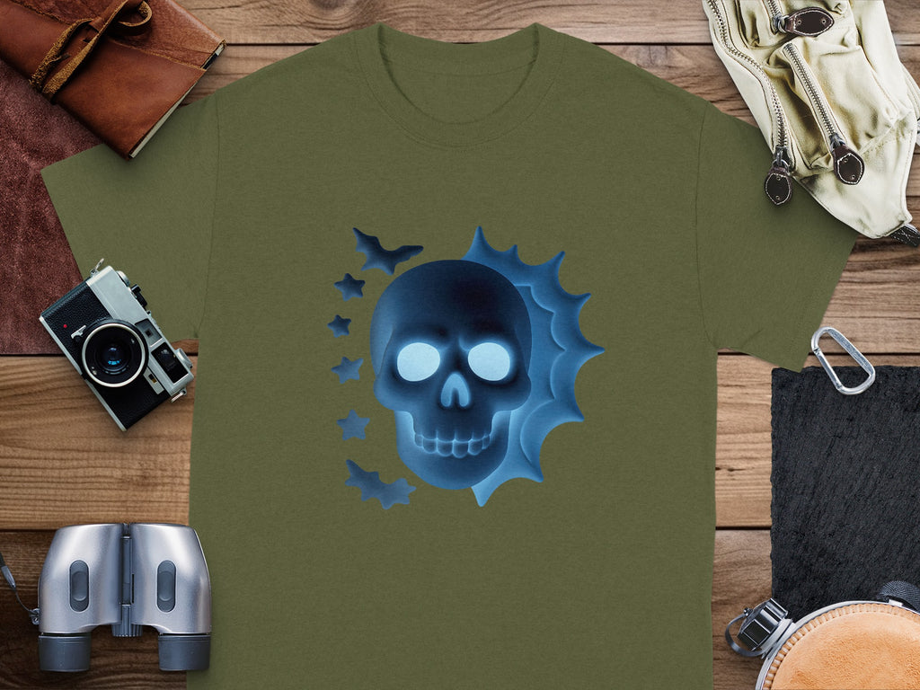 Olive green t-shirt with a glowing blue skull, bats, and spiky halo graphic.