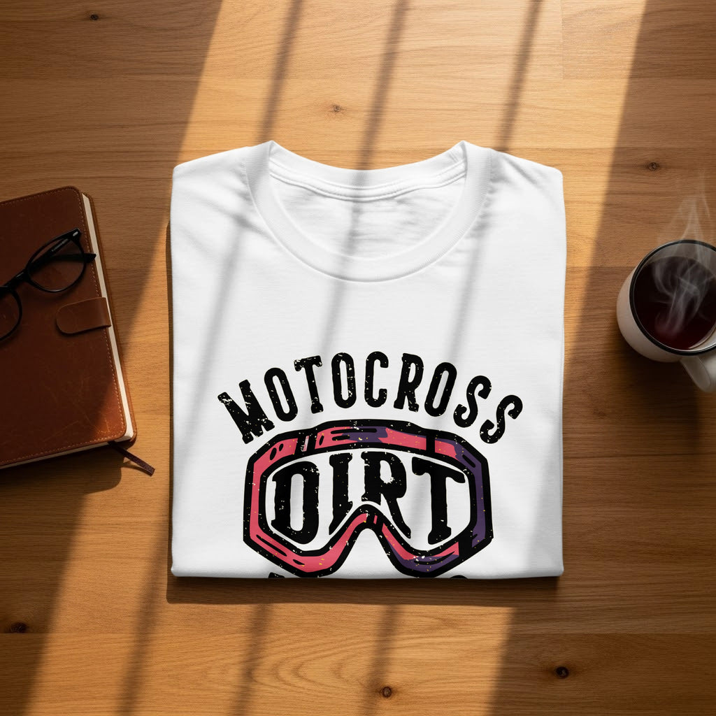 White t-shirt with "MOTOCROSS DIRT" graphic featuring goggles.