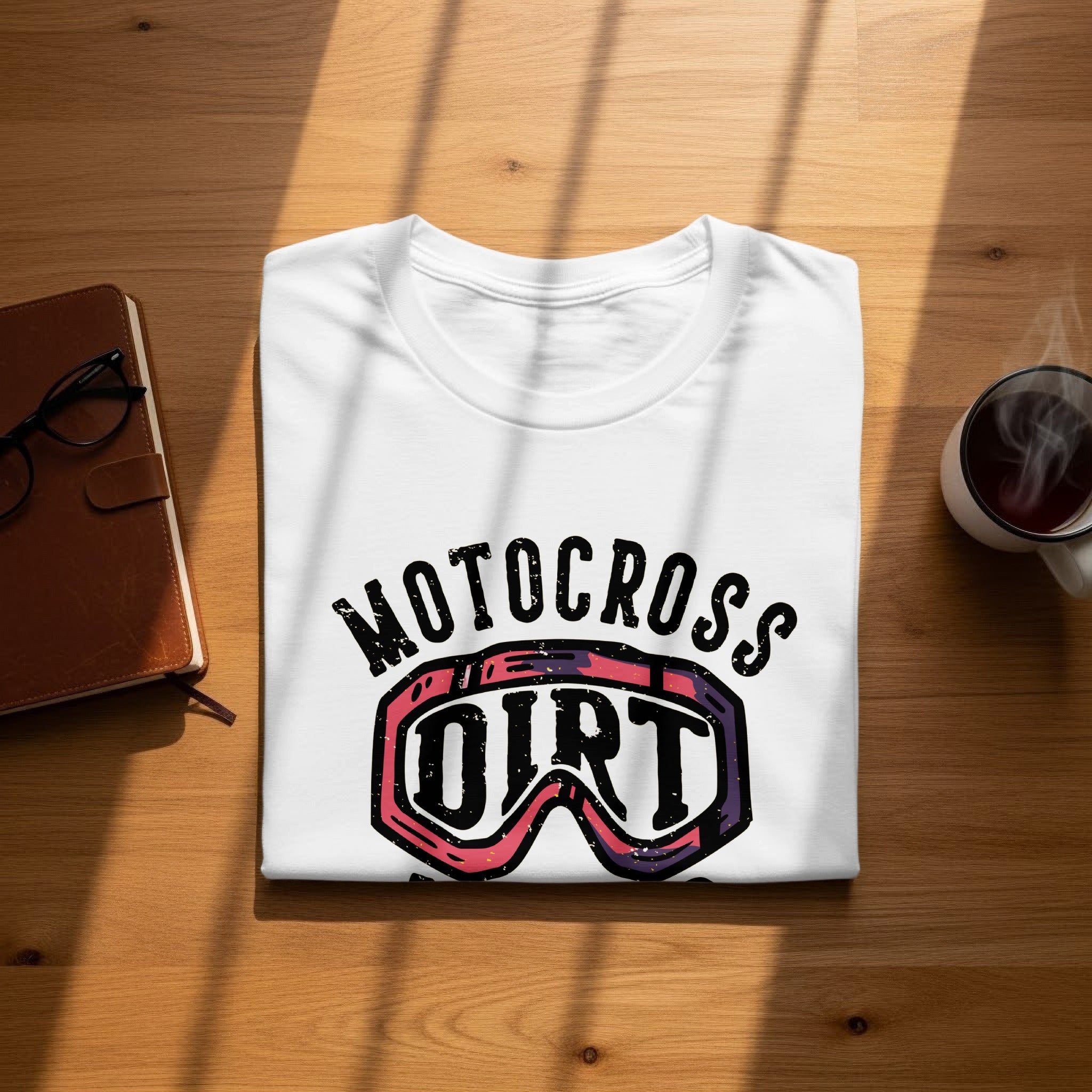 White t-shirt with "MOTOCROSS DIRT" graphic featuring goggles.
