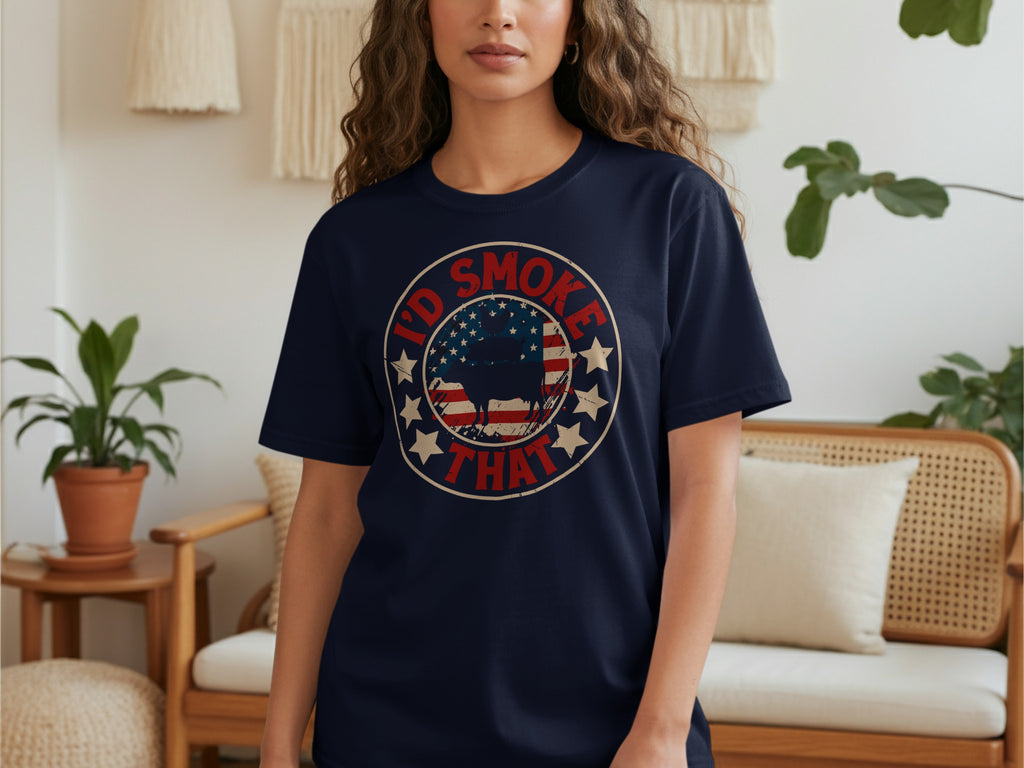 Dark blue t-shirt with distressed circular graphic, "I'D SMOKE THAT", and a bull silhouette.