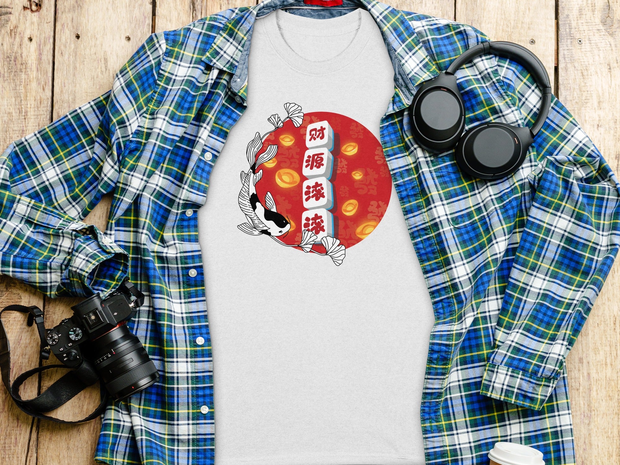 White tee featuring koi fish with Chinese characters and gold coins.