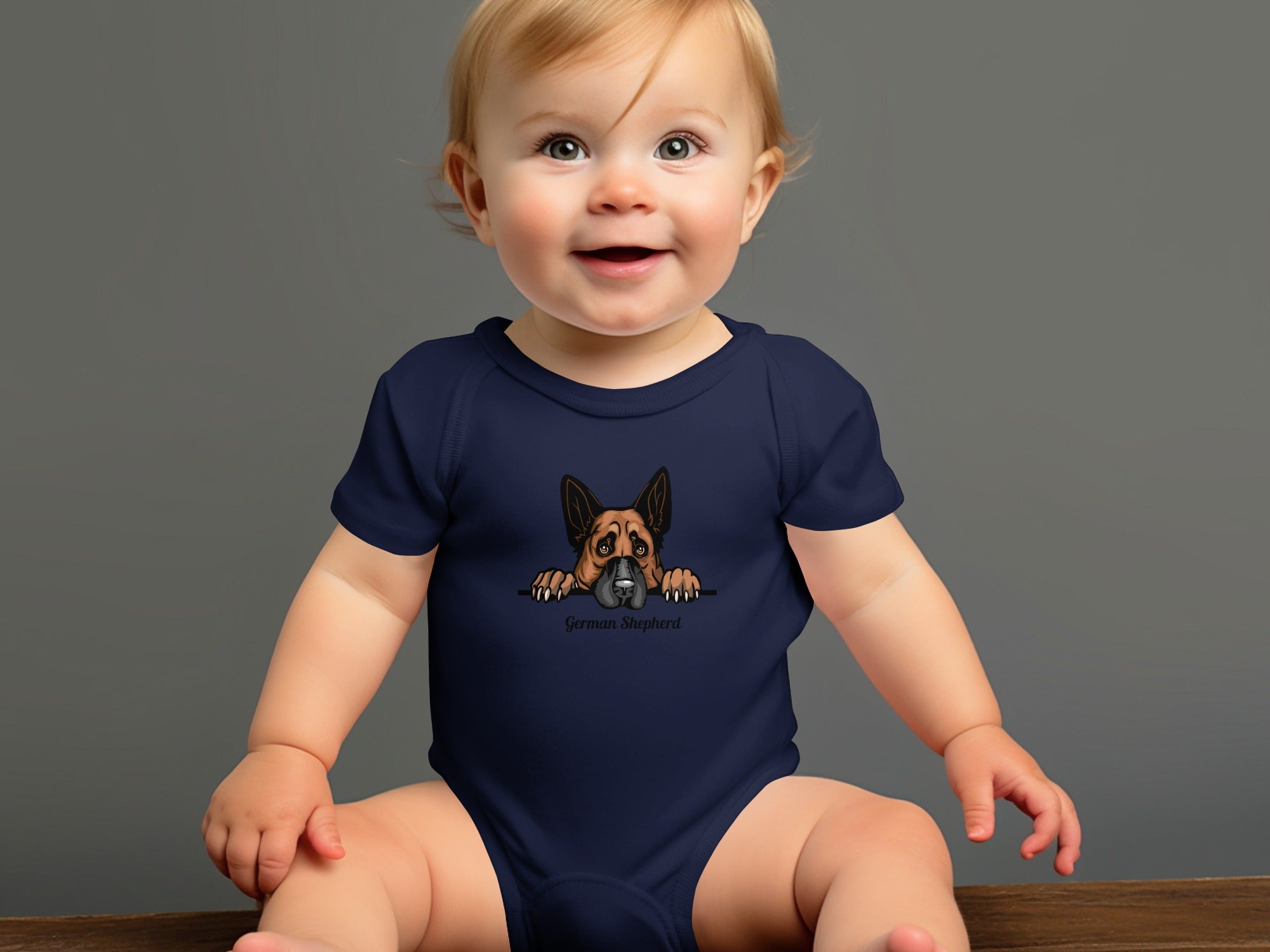 Baby in navy blue bodysuit with a German Shepherd graphic and text