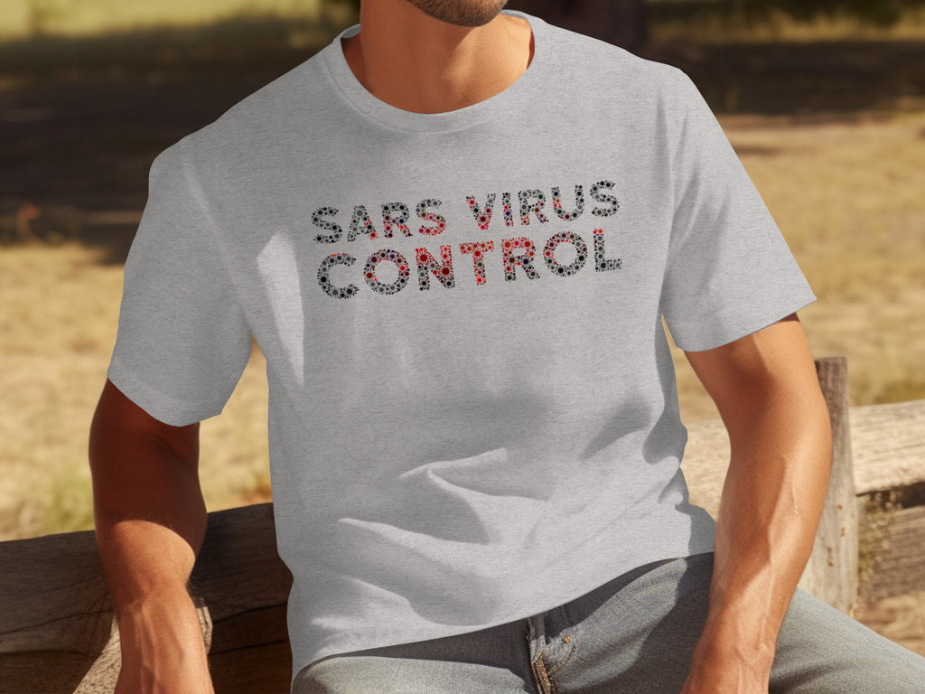Light gray t-shirt with "SARS VIRUS CONTROL" text made of virus graphics.