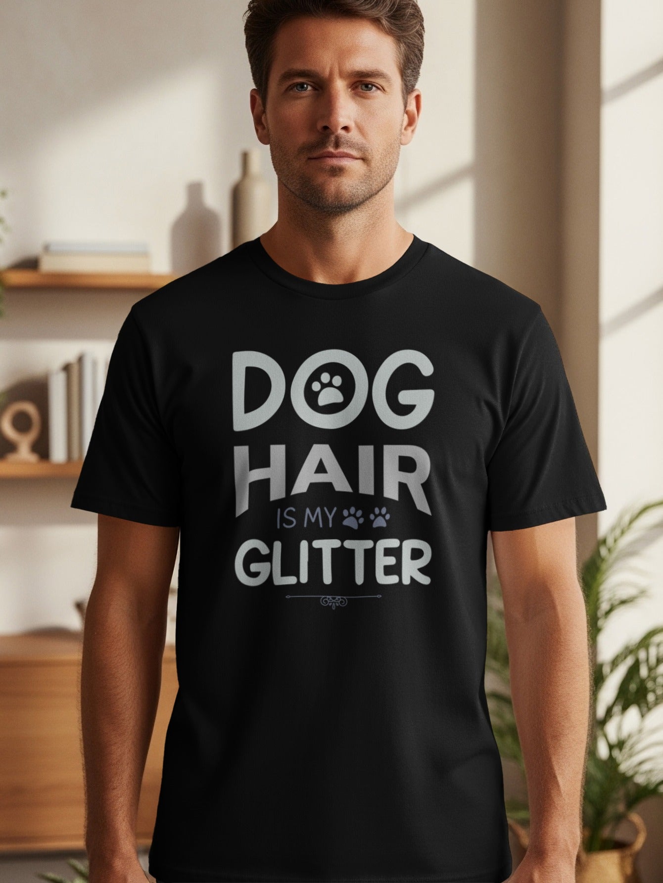 Black t-shirt with text "DOG HAIR IS MY GLITTER" and paw prints.