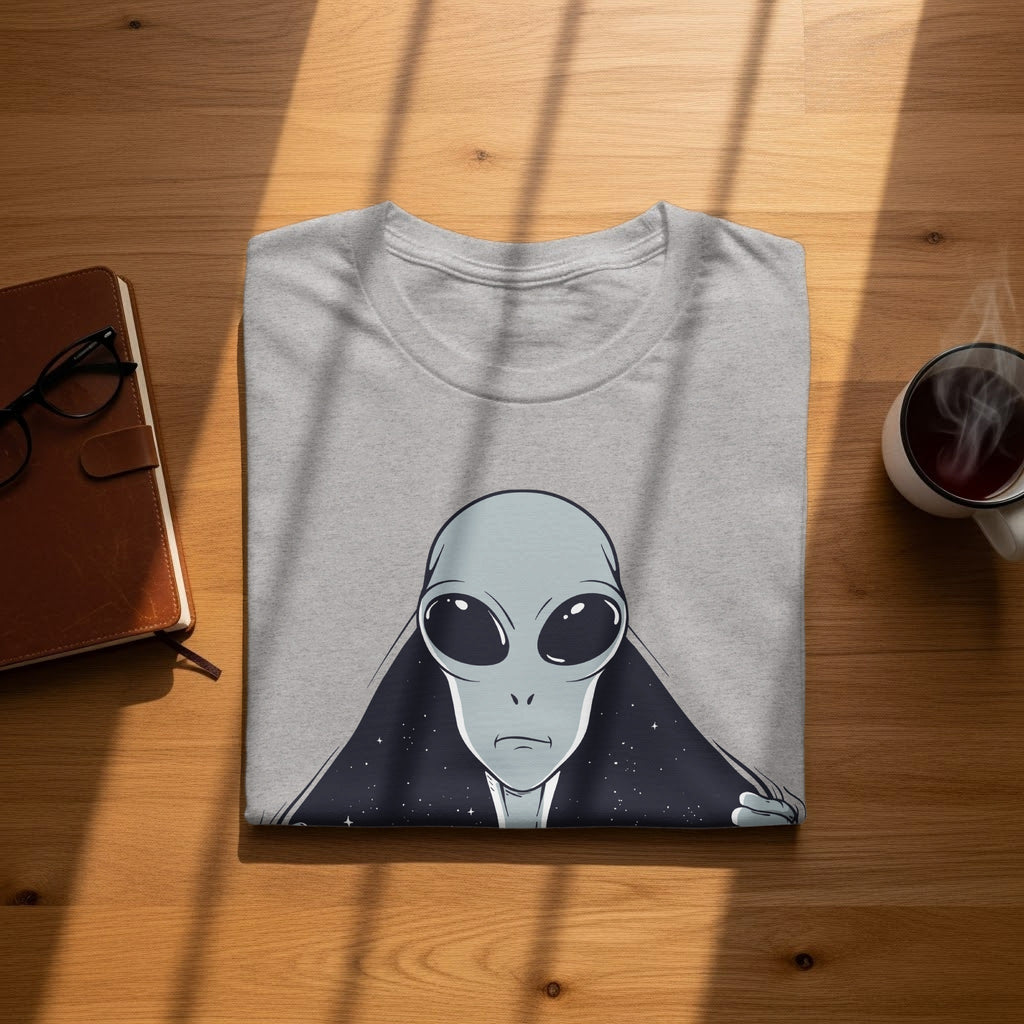 Grey t-shirt with a stylized alien face and starry background graphic.