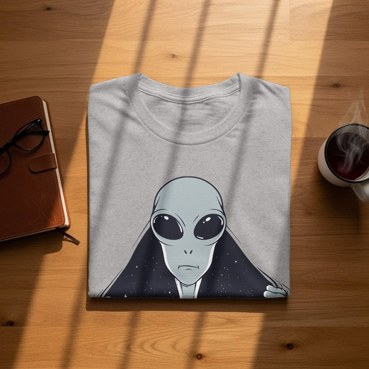 Grey t-shirt with a stylized alien face and starry background graphic.