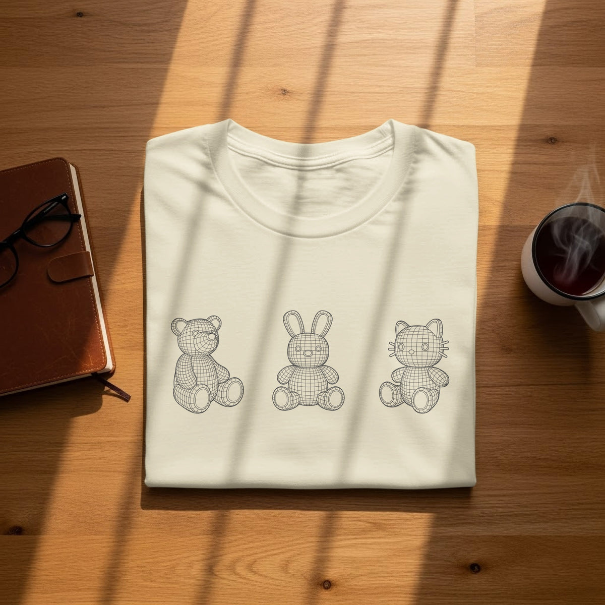 Cream t-shirt with wireframe teddy bear, bunny, and cat graphic.