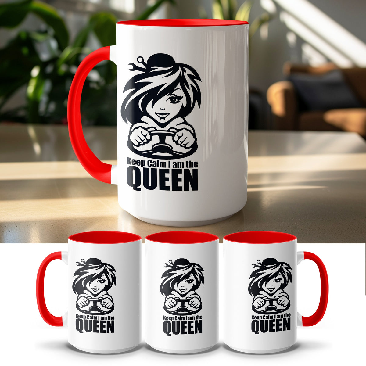 White mug with red handle and rim features a black graphic of a woman driving.