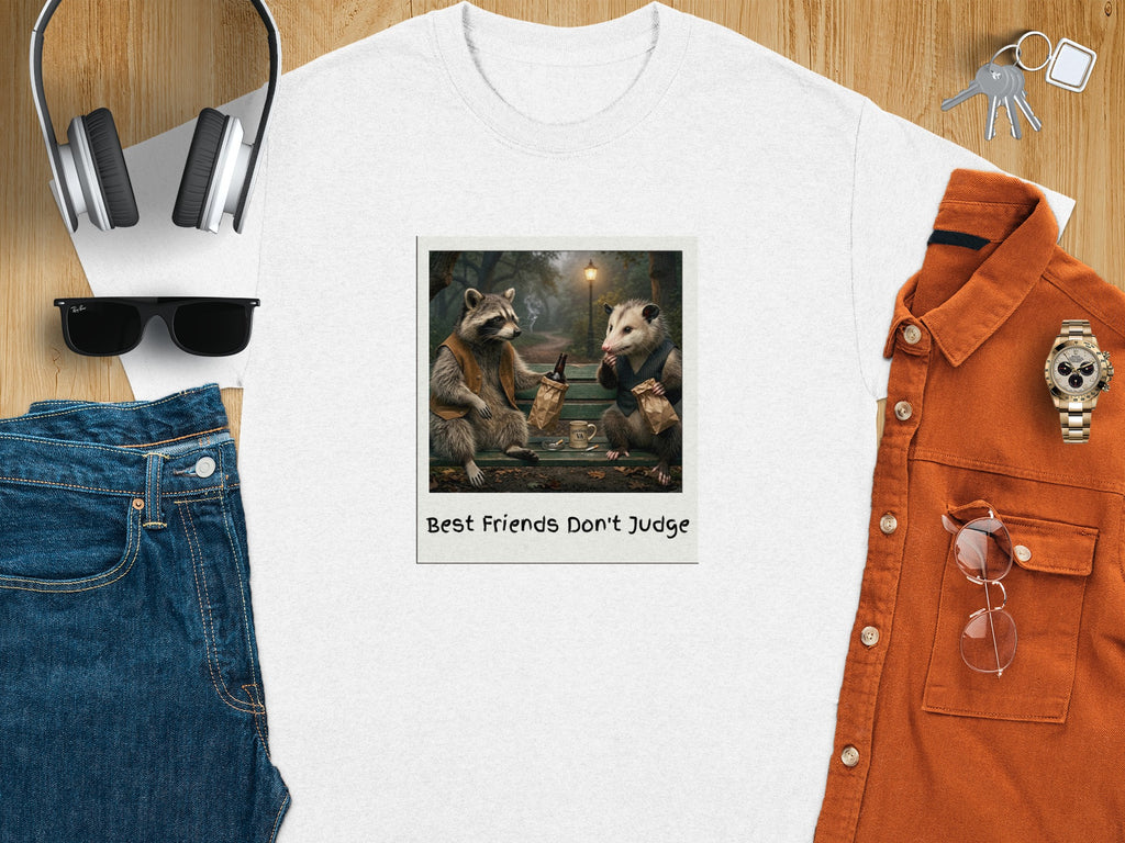 White t-shirt with a polaroid photo of a raccoon and possum sitting on a bench, text reads "Best Friends Don't Judge."