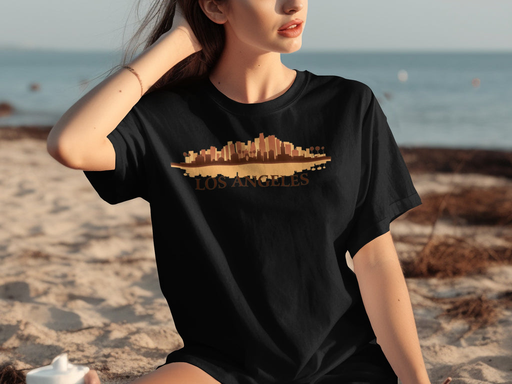 Black t-shirt with Los Angeles skyline graphic and text.