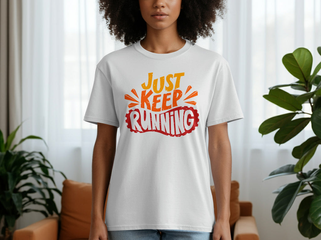 White t-shirt with orange and red "JUST KEEP RUNNING" graphic.