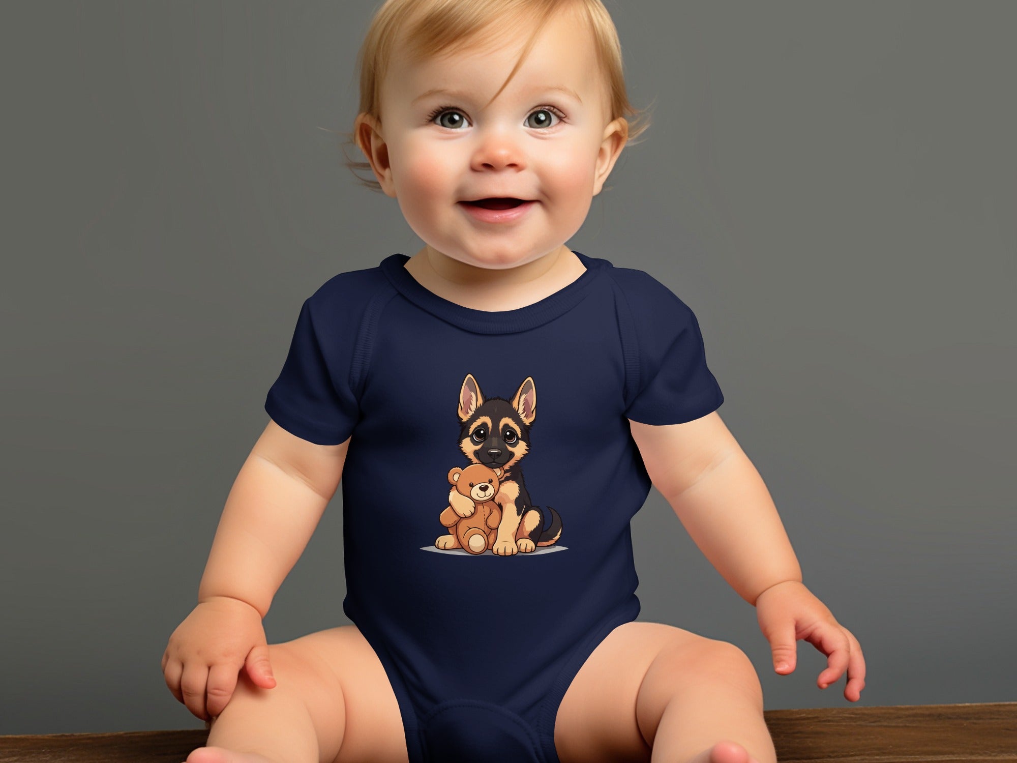 Navy baby bodysuit with a German Shepherd puppy cuddling a teddy bear graphic.