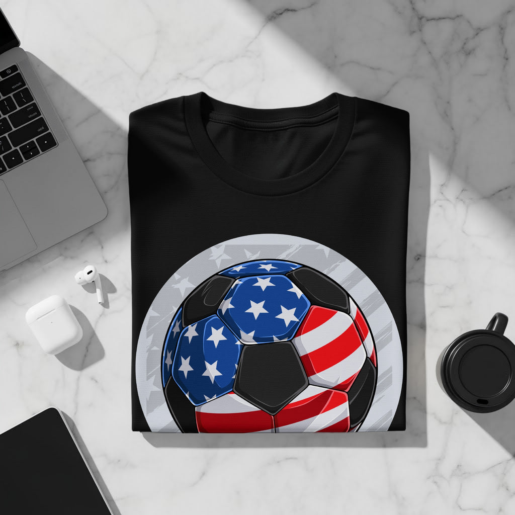 Black t-shirt with a soccer ball featuring the American flag design.