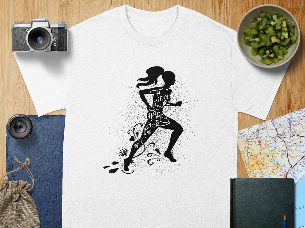 White t-shirt with black silhouette graphic of runner, text "Find Your Happy Pace".