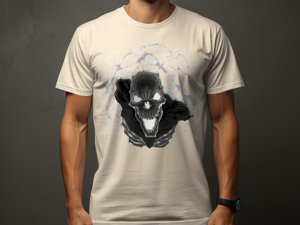 Light beige t-shirt with a detailed, dark skull graphic and abstract smoky effect.