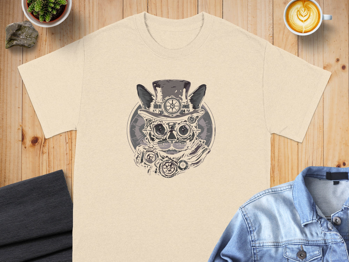 Steampunk cat graphic on a cream t-shirt with a denim jacket and coffee.