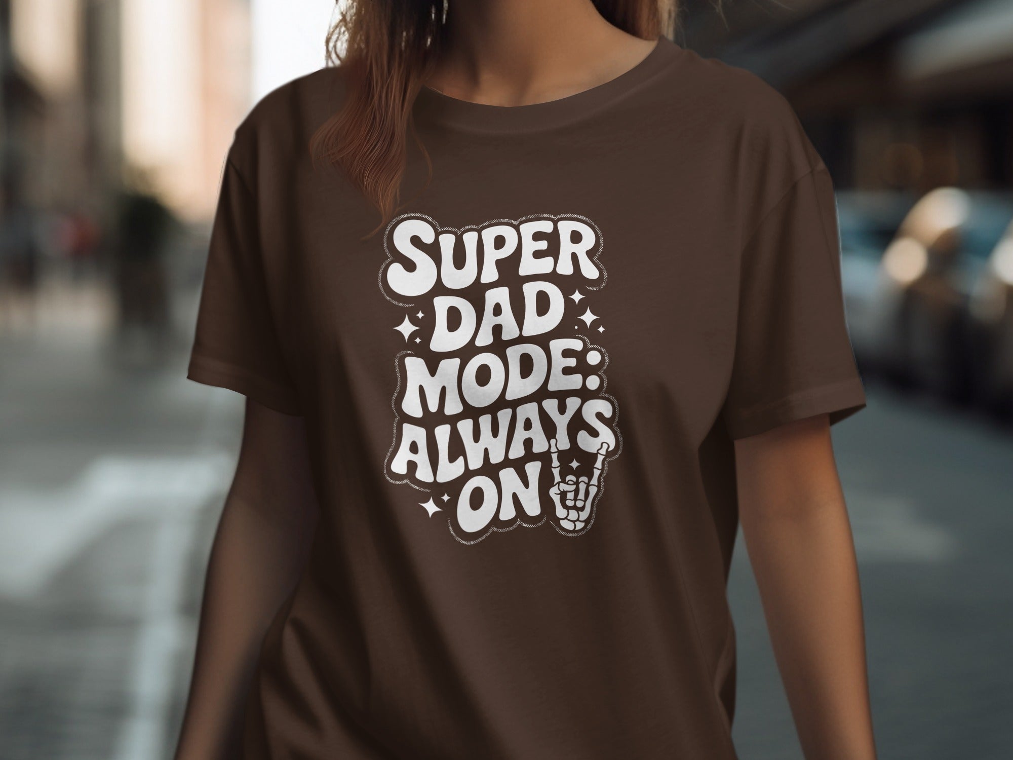 Brown t-shirt with "Super Dad Mode: Always On" text and skeleton hand.