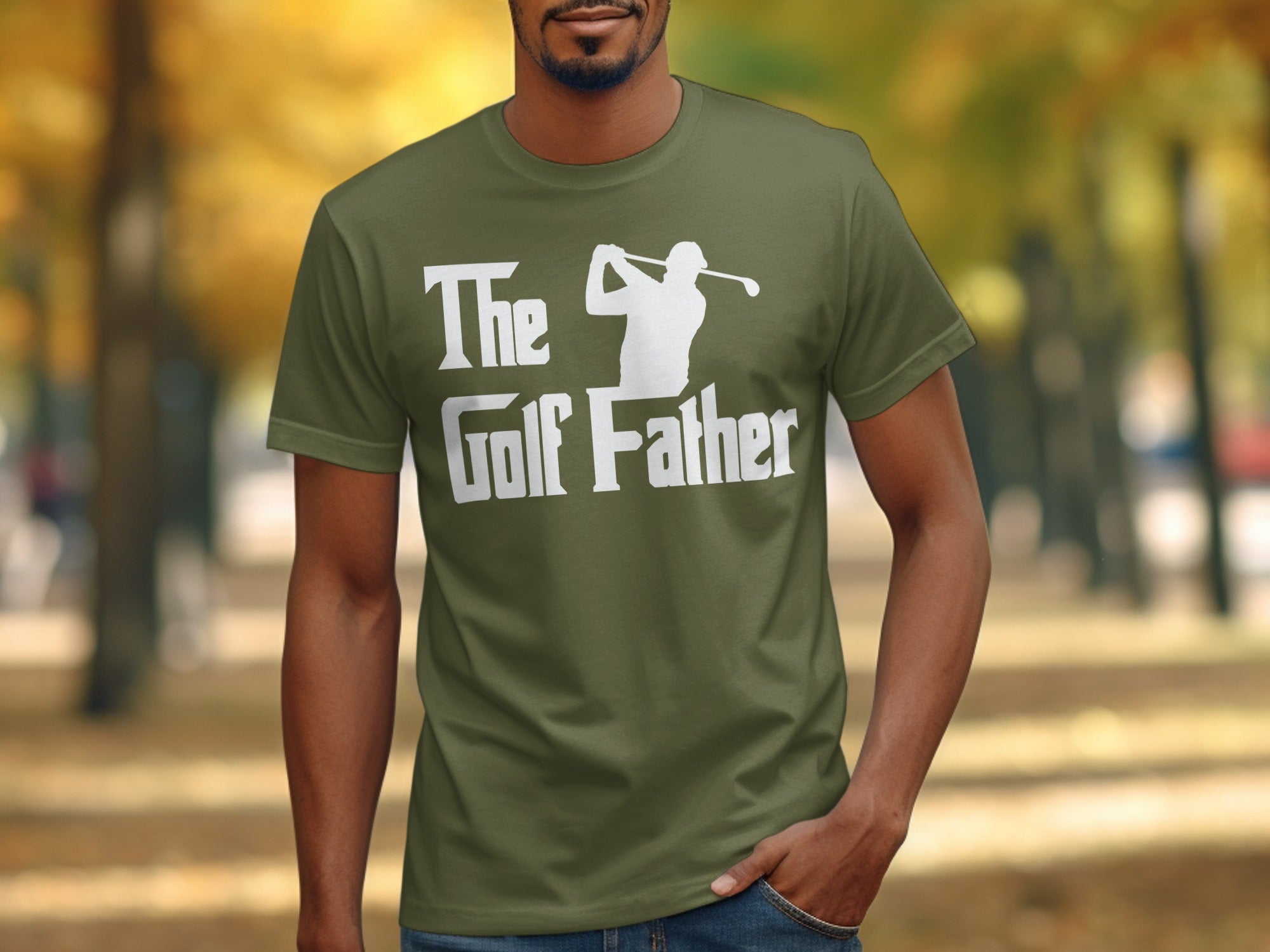 Olive t-shirt with white text and golf silhouette: "The Golf Father".