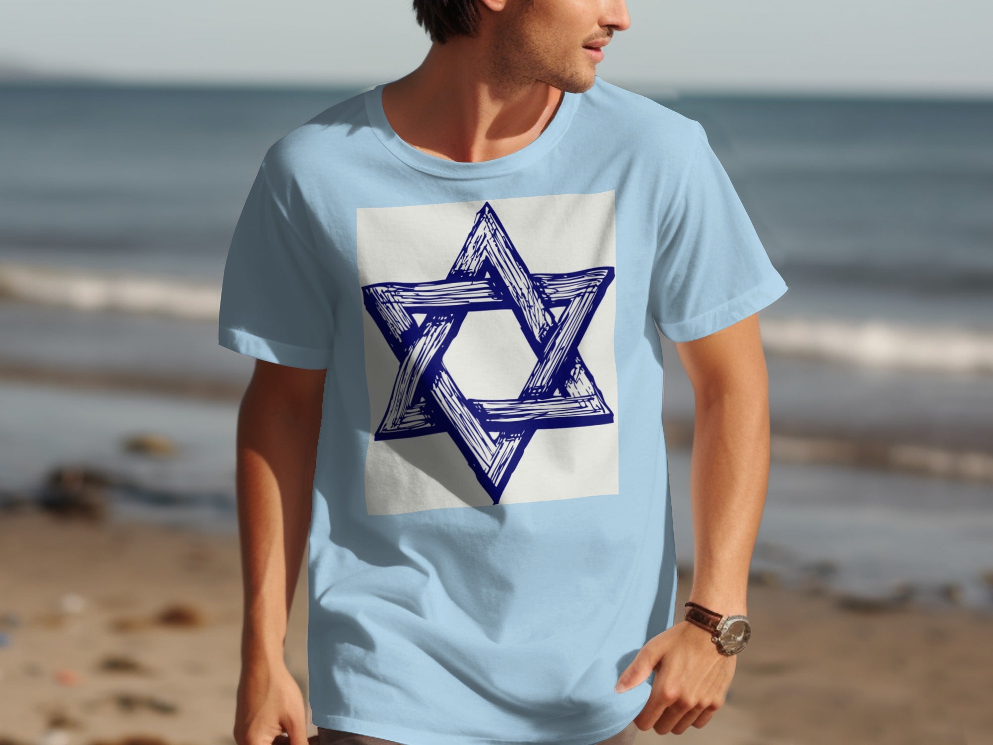 Light blue t-shirt with a hand-drawn blue Star of David on a white square.
