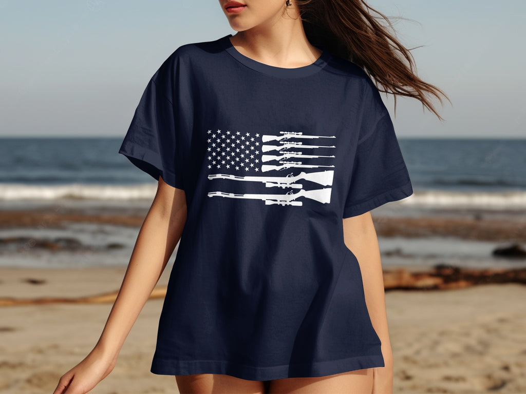 Navy t-shirt with white American flag design made of rifles.