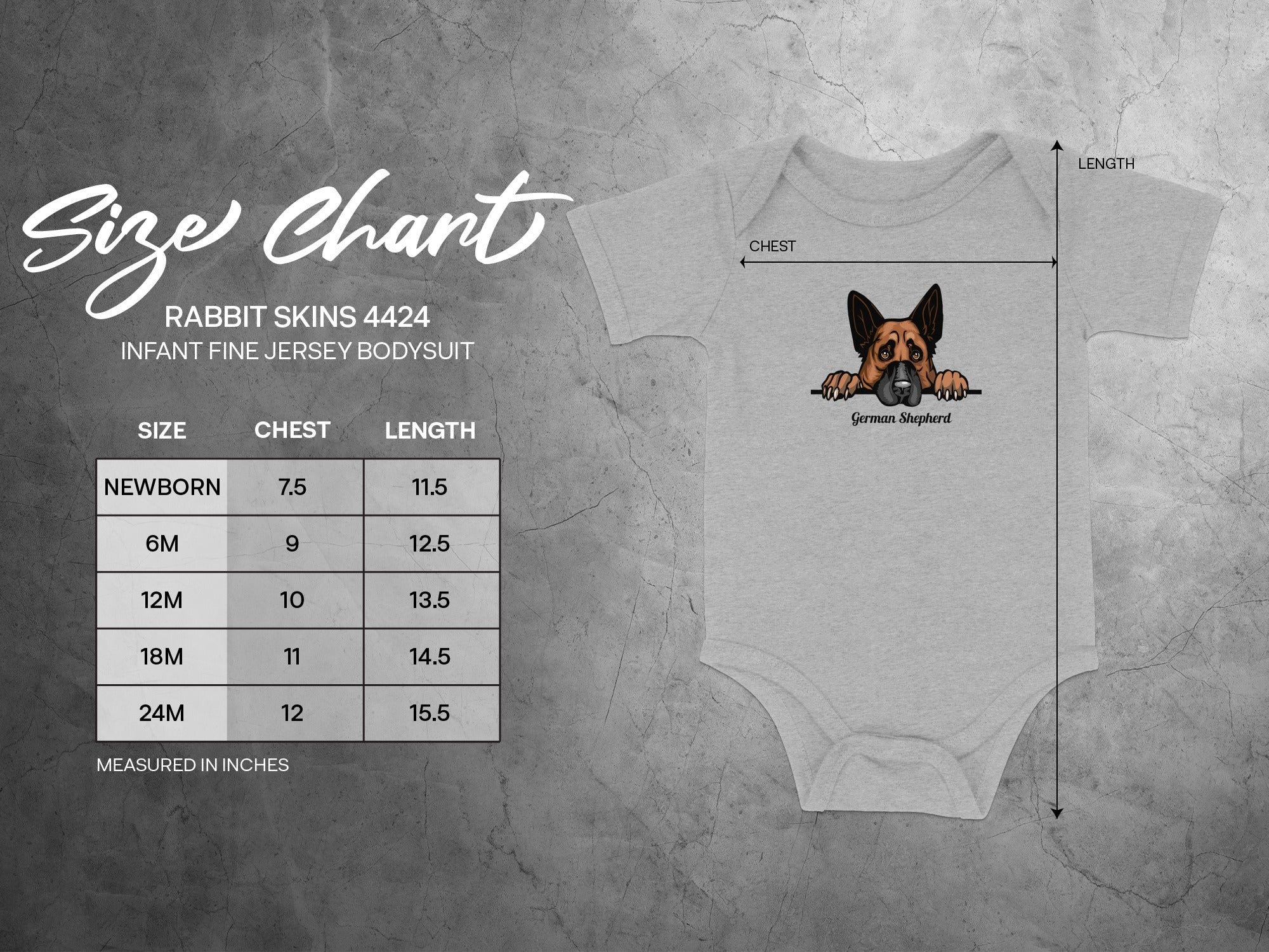 Rabbit Skins 4424 infant bodysuit size chart with chest and length measurements in inches.