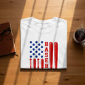 White t-shirt with American flag design featuring baseball bats and the word BASEB.