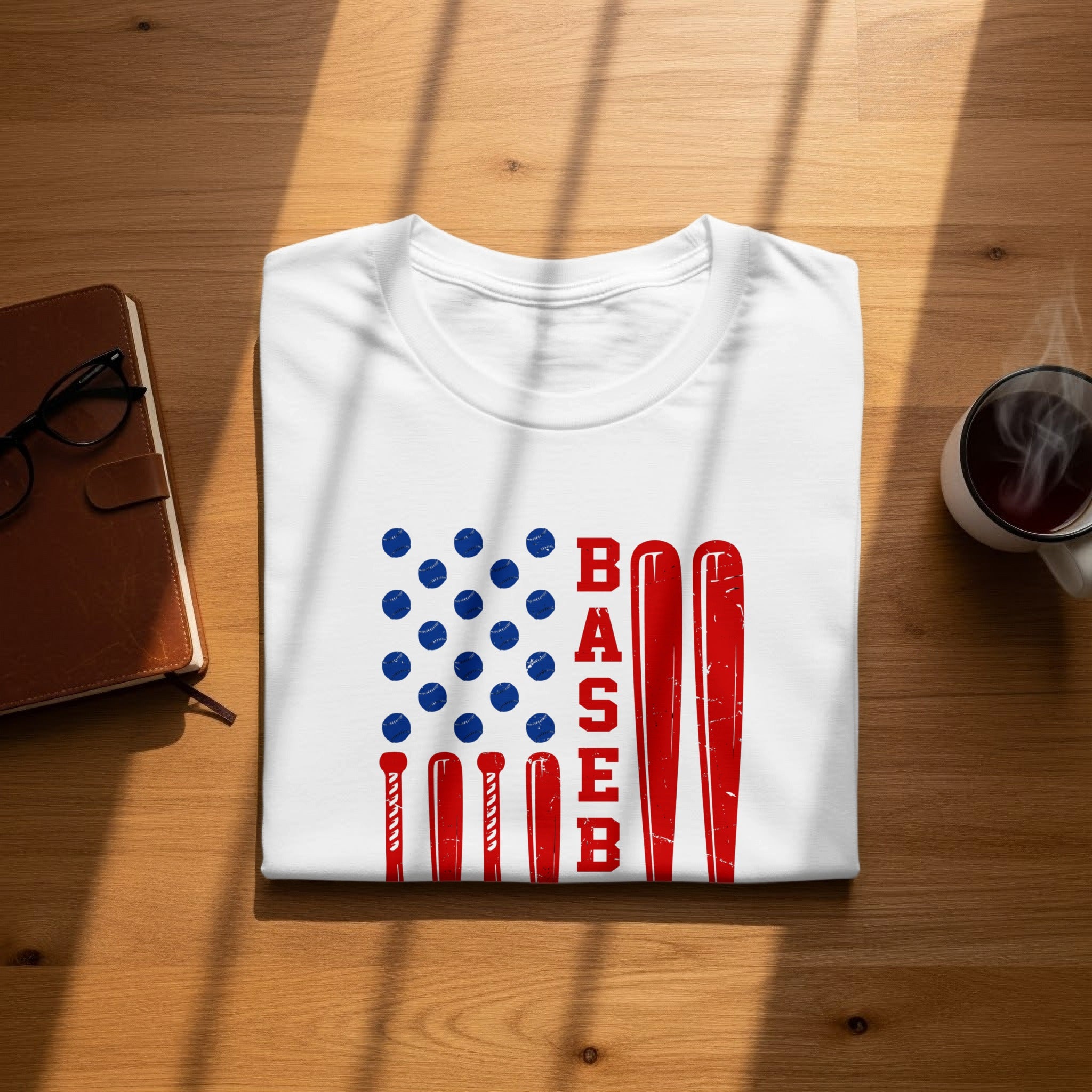 White t-shirt with American flag design featuring baseball bats and the word BASEB.