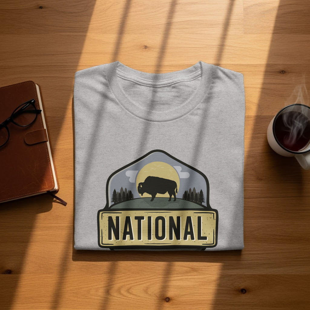 Grey t-shirt with a bison in a landscape design and the word "NATIONAL".