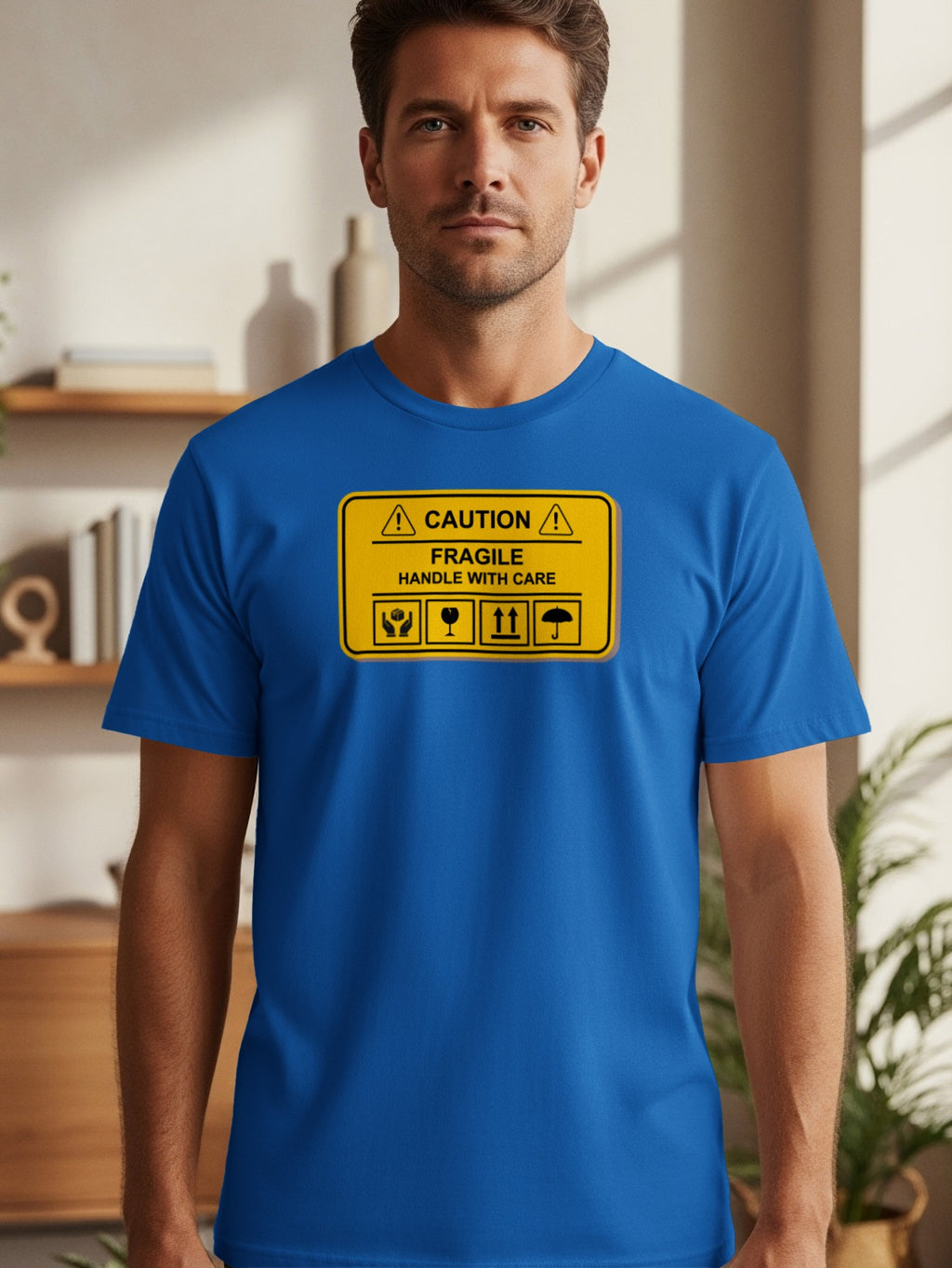 Blue t-shirt with a yellow "CAUTION FRAGILE HANDLE WITH CARE" sign and icons.