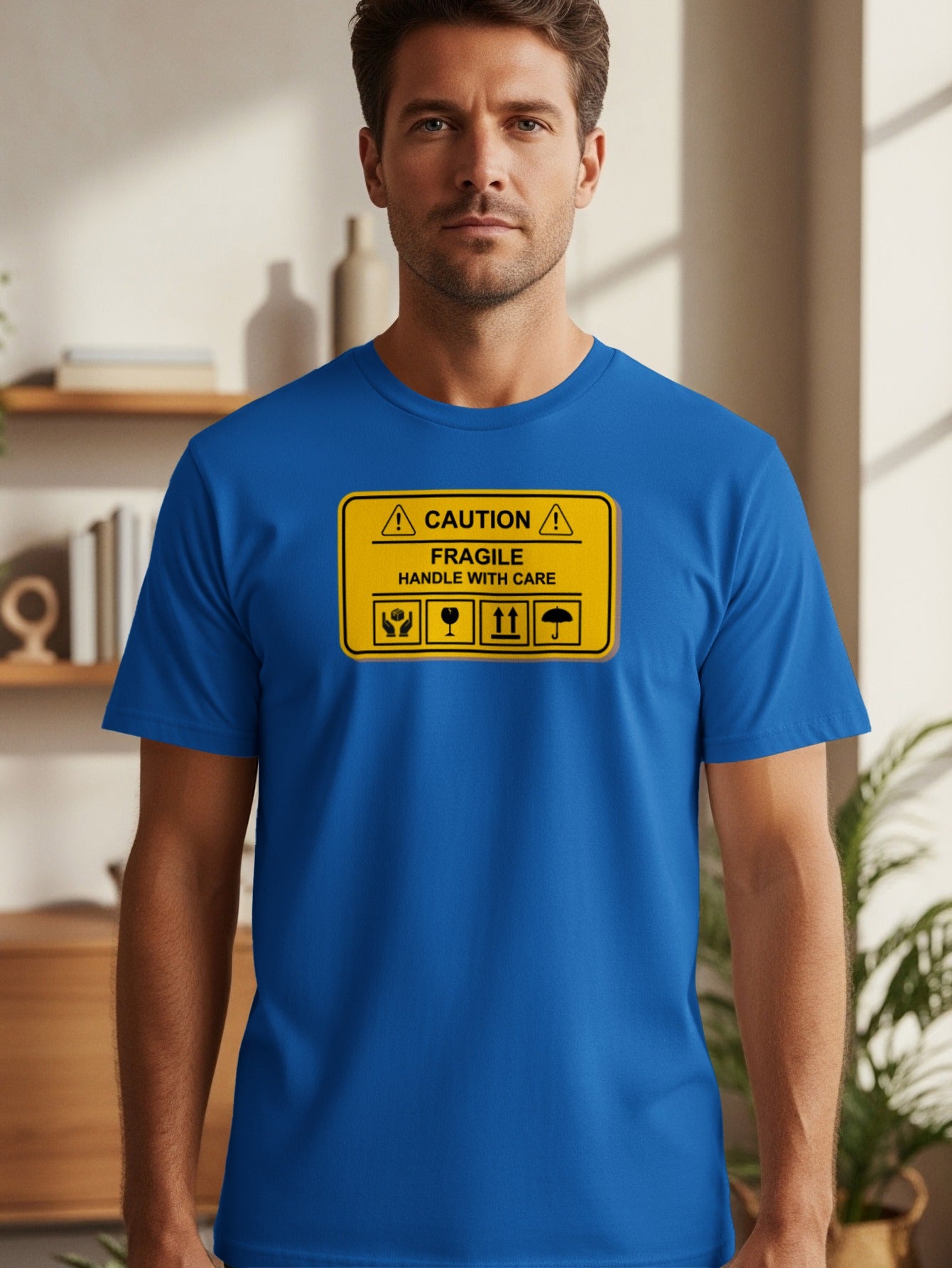 Blue t-shirt with a yellow "CAUTION FRAGILE HANDLE WITH CARE" sign and icons.