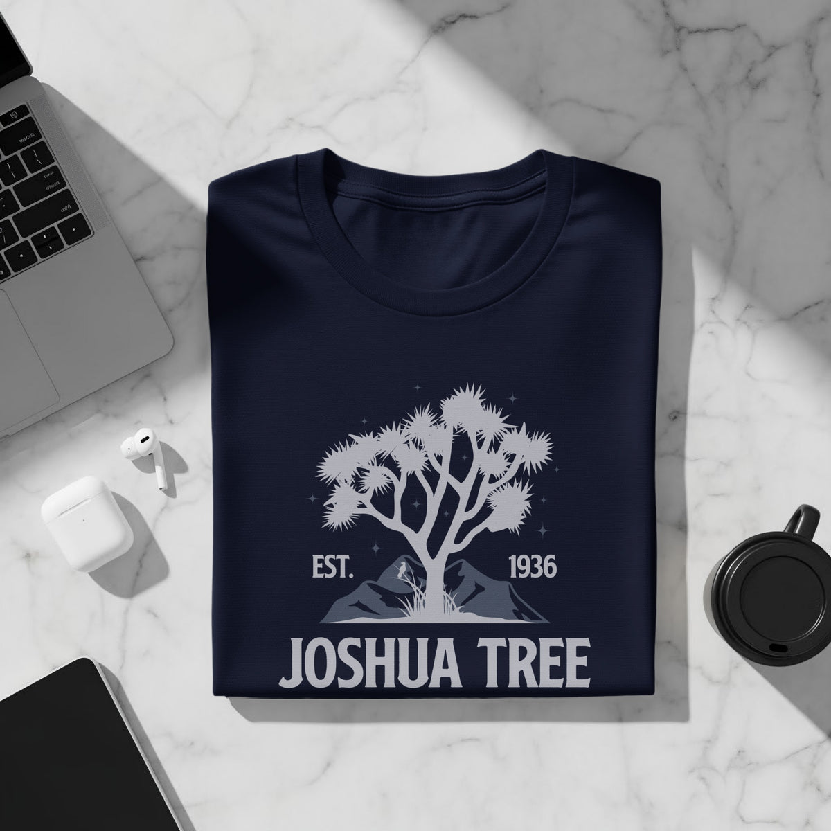Navy t-shirt with Joshua Tree graphic, "EST. 1936" and "JOSHUA TREE" text.