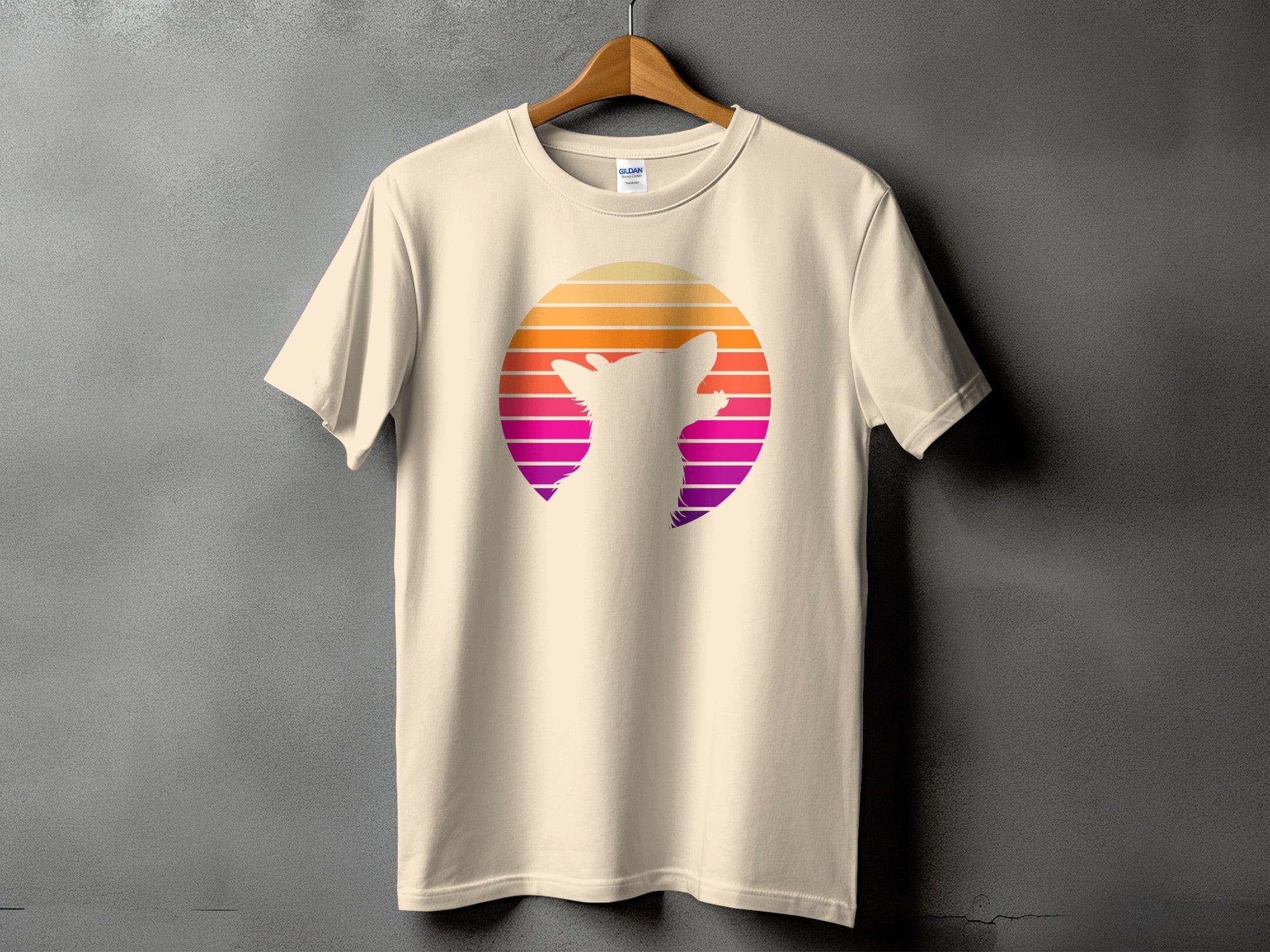Light cream t-shirt with a silhouette of a cat's head against a striped sunset circle.