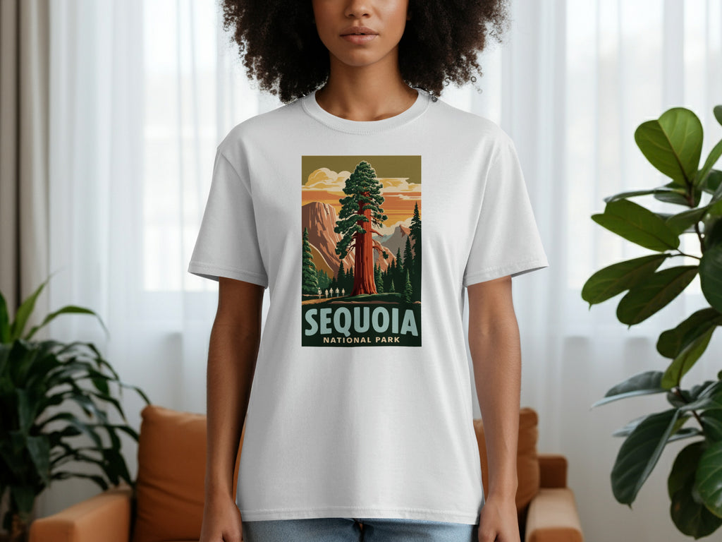 White t-shirt with Sequoia National Park vintage travel design.