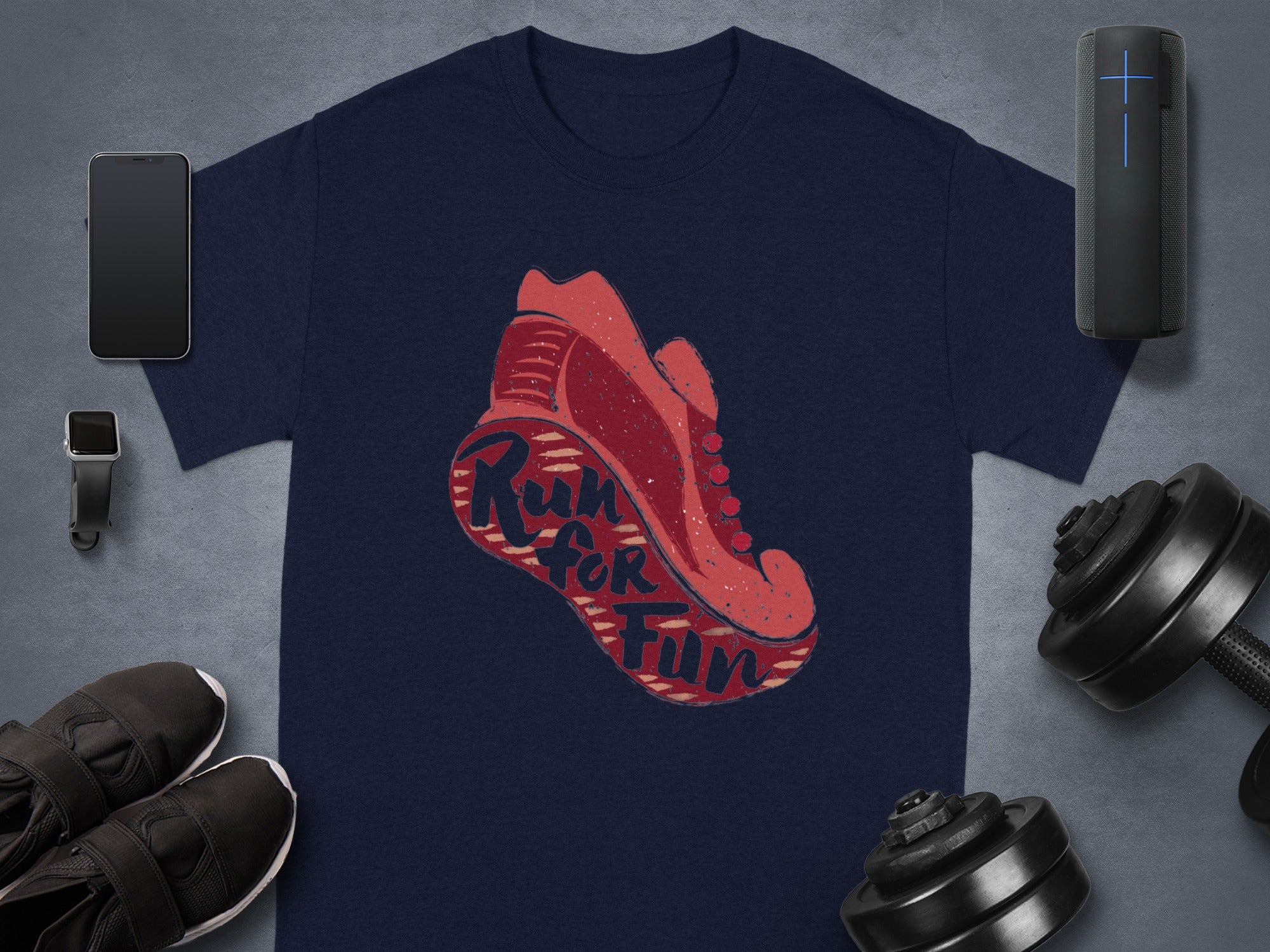 Navy t-shirt with red sneaker graphic and "Run for Fun" text.