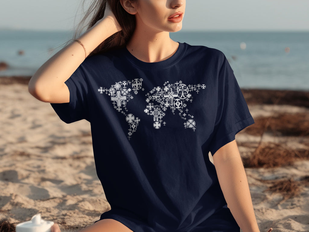 Navy t-shirt with a white world map design made of various crosses.