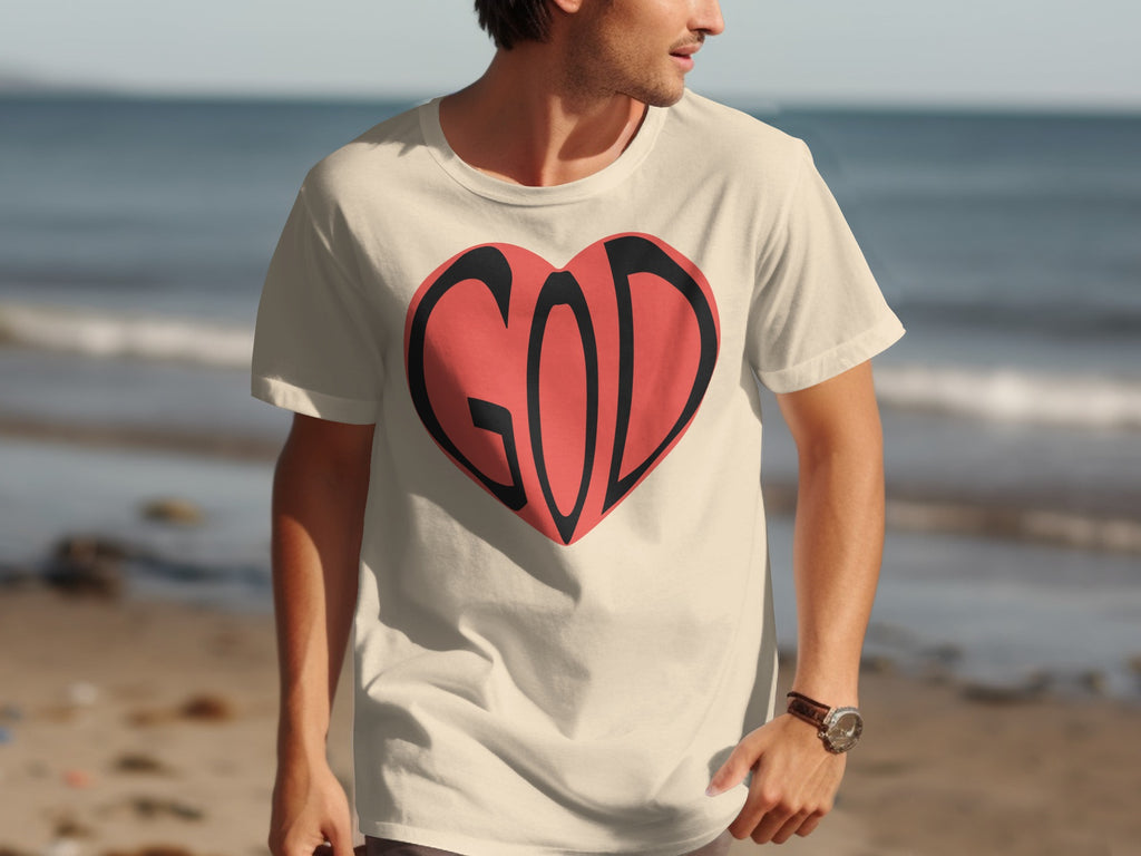 T-shirt with red heart graphic containing black "GOD" text.