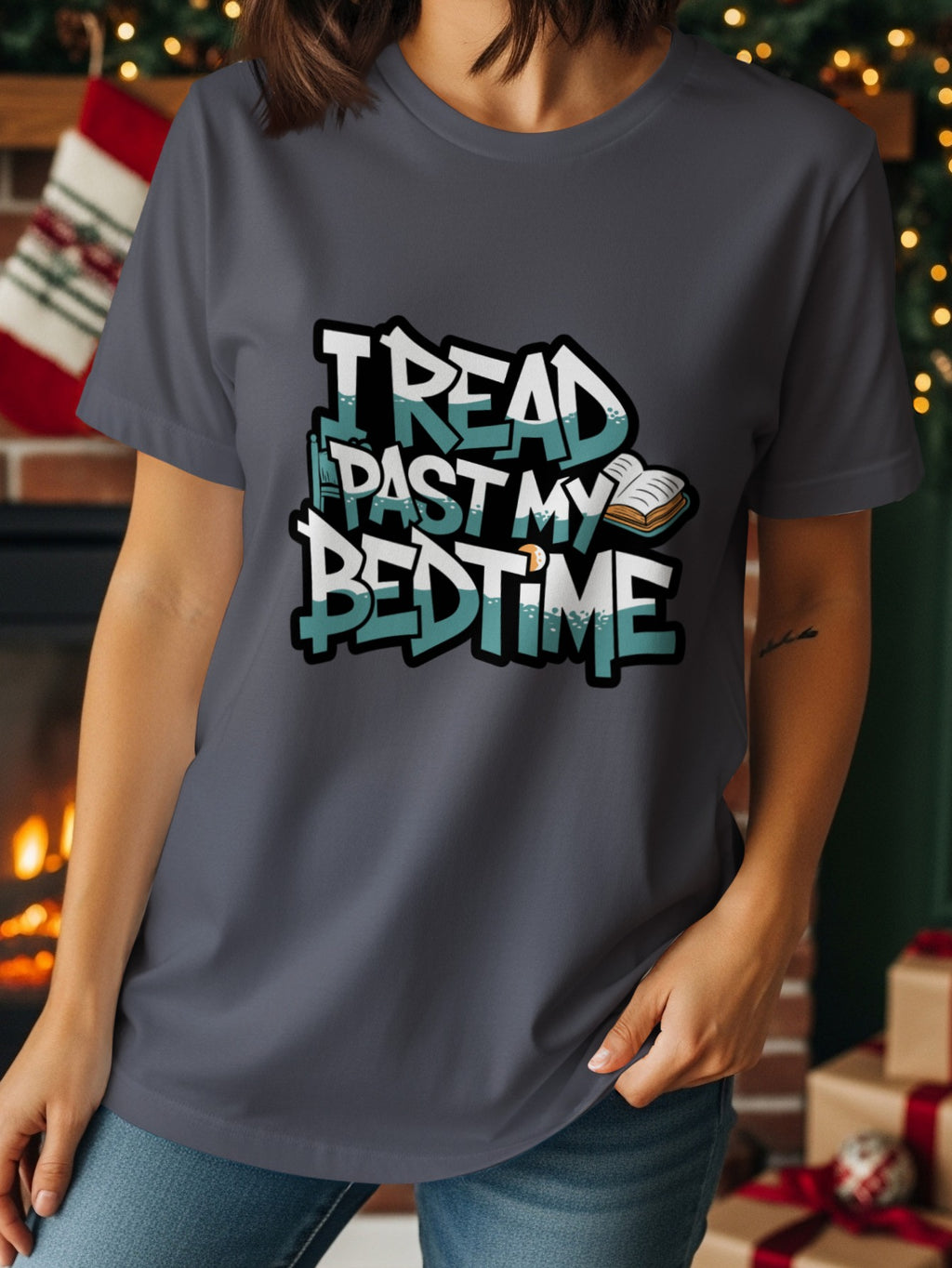 Dark grey t-shirt with "I read past my bedtime" text and an open book.