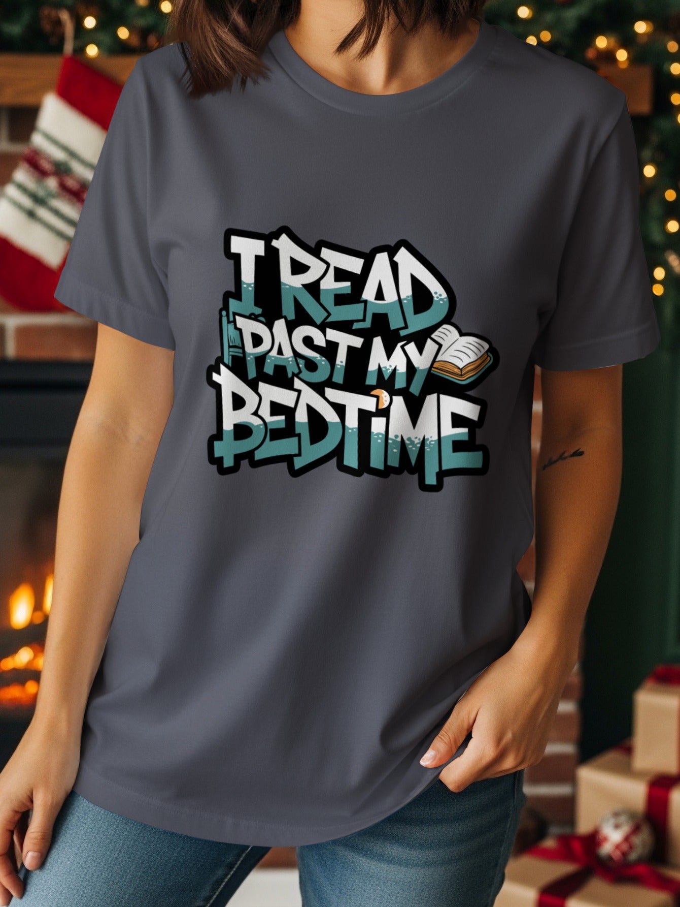 Dark grey t-shirt with "I read past my bedtime" text and an open book.