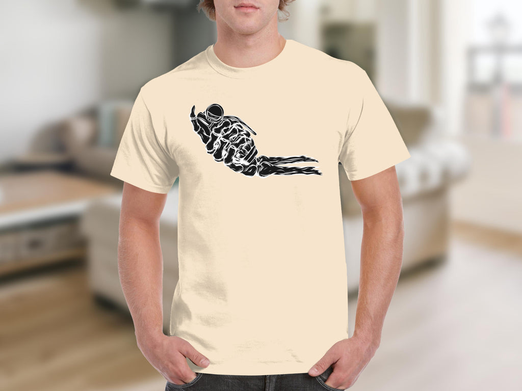 Cream t-shirt with black skeleton hand holding a grenade graphic.
