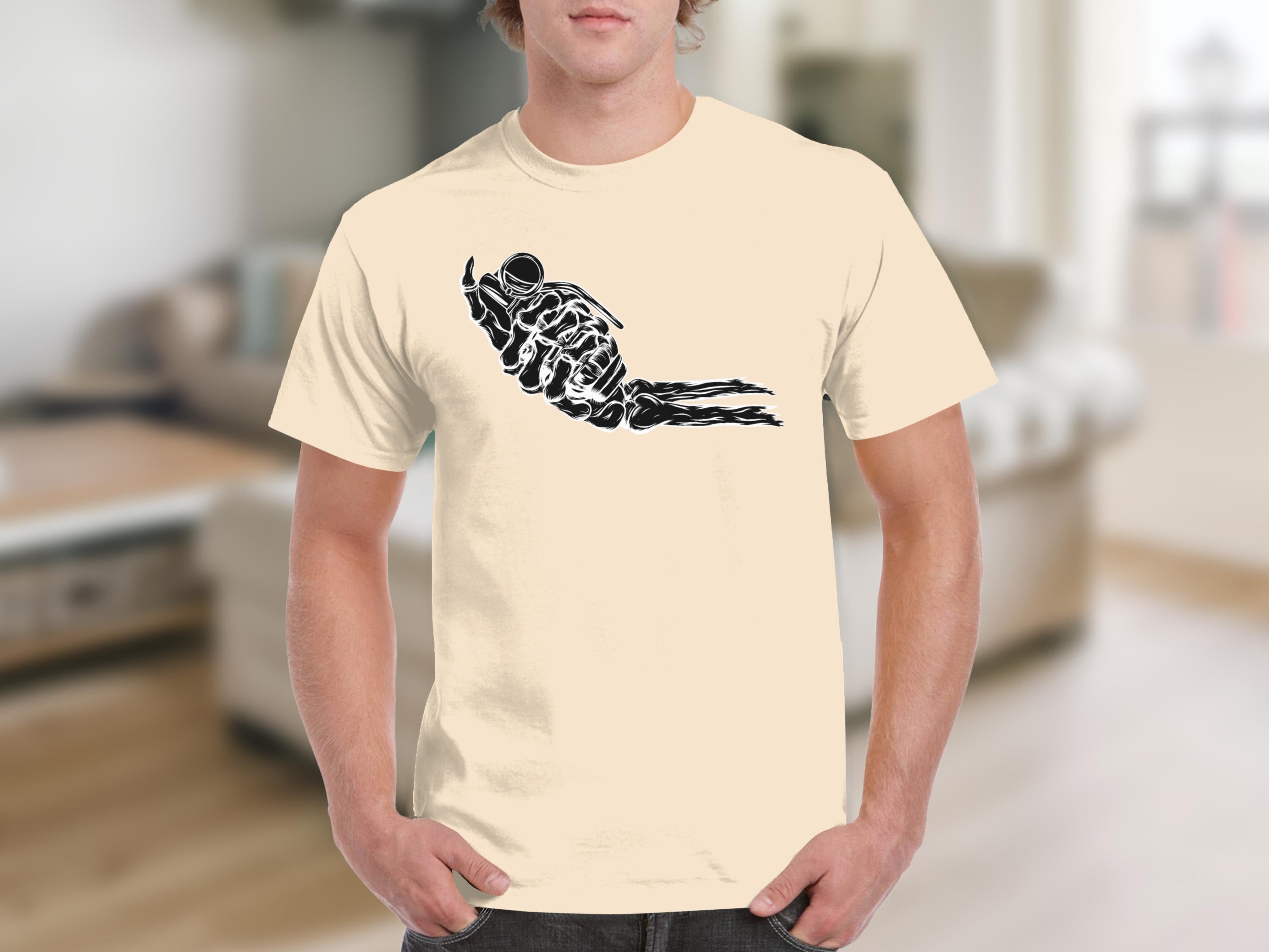 Cream t-shirt with black skeleton hand holding a grenade graphic.