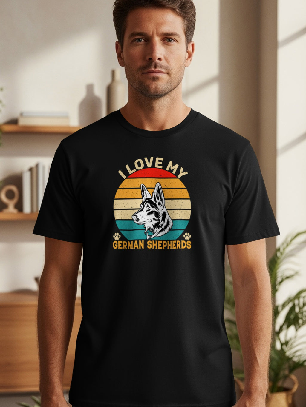 Black t-shirt with "I love my German Shepherds" text and dog graphic.