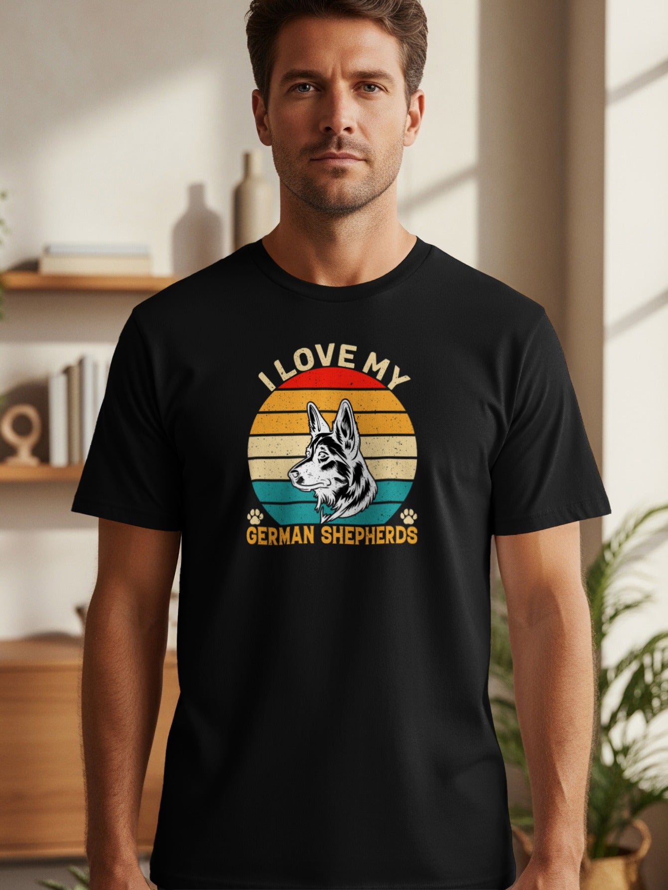Black t-shirt with "I love my German Shepherds" text and dog graphic.