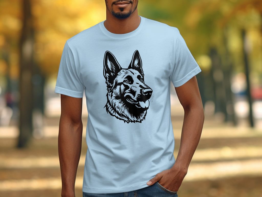 Light blue t-shirt with a black outline graphic of a German Shepherd's head.