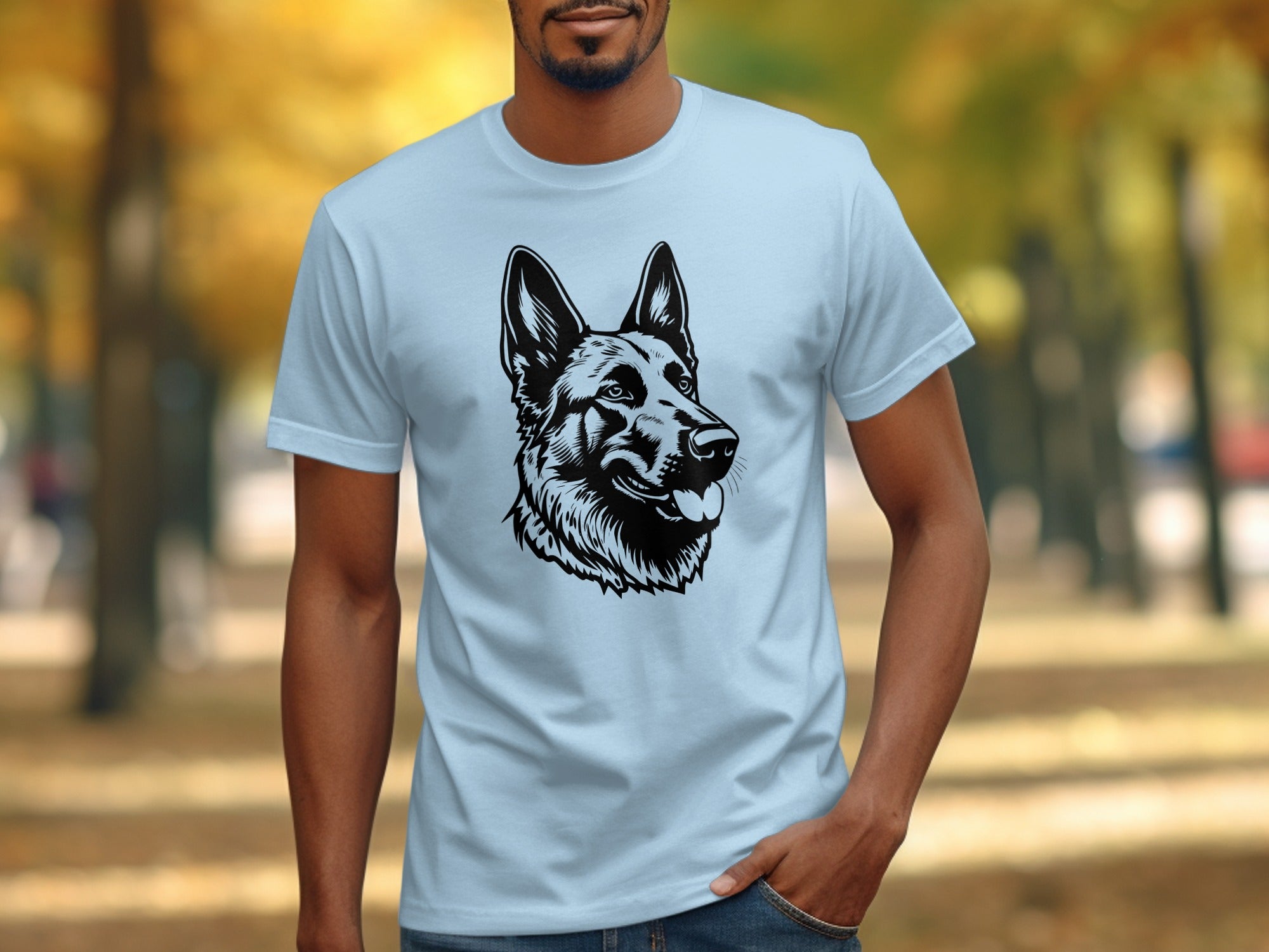 Light blue t-shirt with a black outline graphic of a German Shepherd's head.